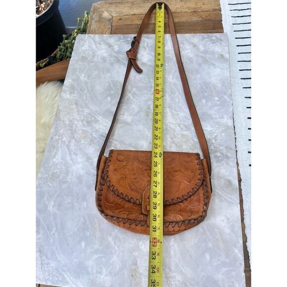 Patricia Nash Barcellona Saddle Bag Burnished Tooled Italian Brown Leather - Picture 7 of 11